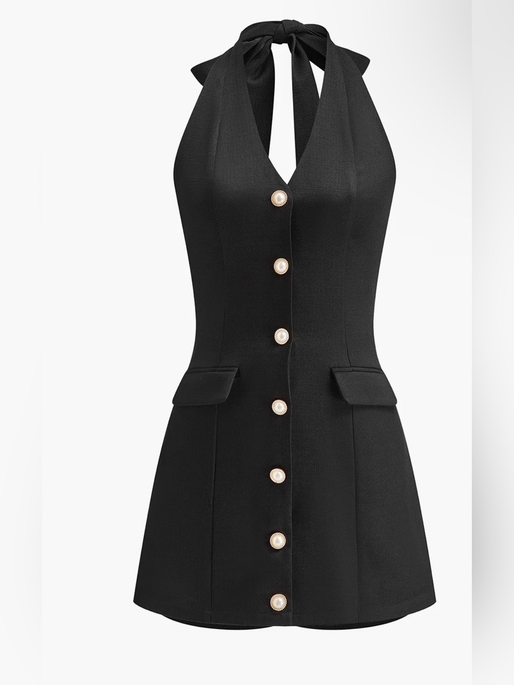 Commense Black Halter Pearl-Button Mini Romper Dress